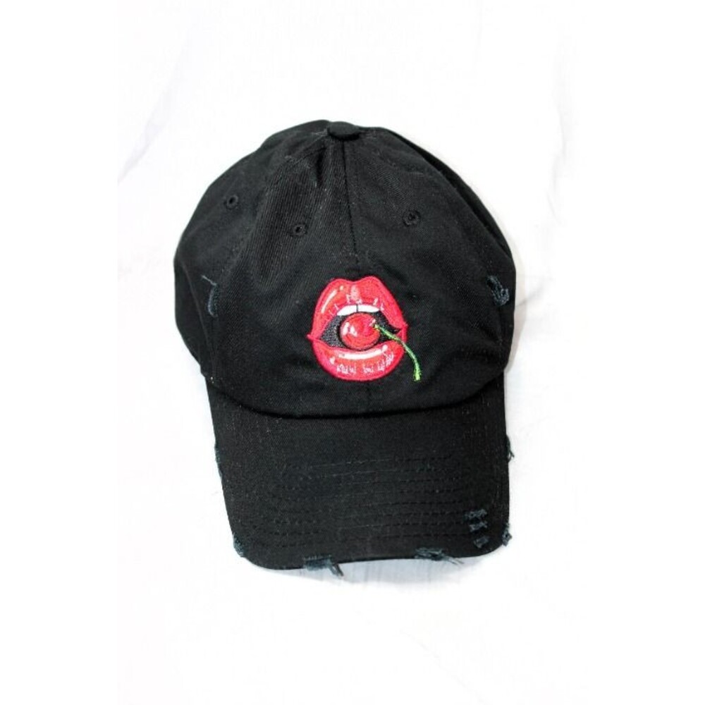 NWOT Field Grade Red Lips Biting Cherry~Black Adj Ball Cap Distressed RARE Find